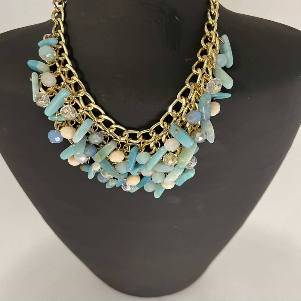 STATEMENT GOLD TONE NECKLACE WITH LIGHT GREEN, PALE BLUE, and WHITE‎ BEADS